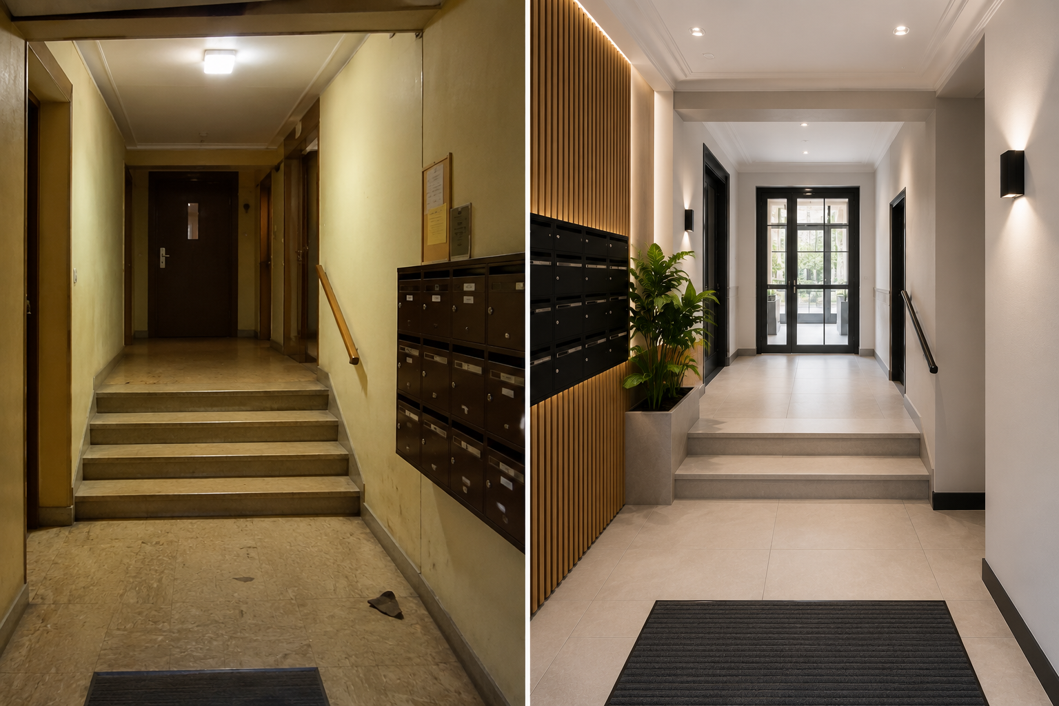 Avant / Après rénovation d’un hall d’immeuble collectif Comparatif avant après d’un hall d’immeuble rénové avec modernisation des boîtes aux lettres, nouvel éclairage, revêtement de sol contemporain et aménagement haut de gamme des parties communes.