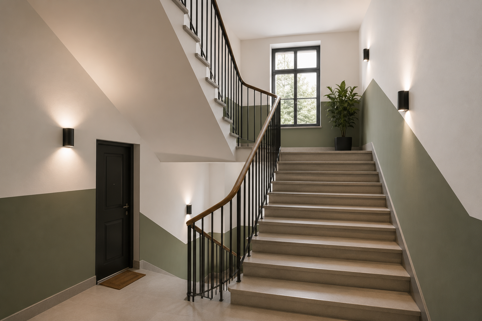 Rénovation d’une cage d’escalier d’immeuble Cage d’escalier d’immeuble rénovée avec murs bicolores, garde-corps noir, main courante en bois, éclairages muraux et finitions modernes.