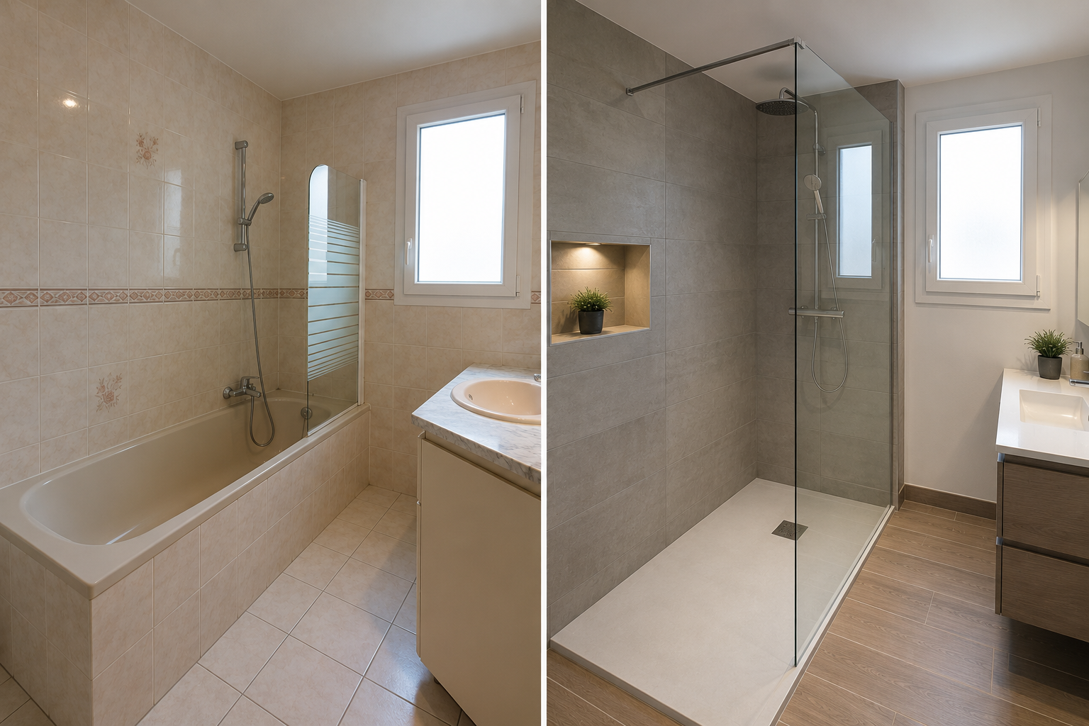 Remplacement de baignoire par douche dans le Val-d'Oise (95) - Avant Aprè Avant après remplacement d'une baignoire par une douche moderne dans une salle de bain rénovée dans le Val-d'Oise 95