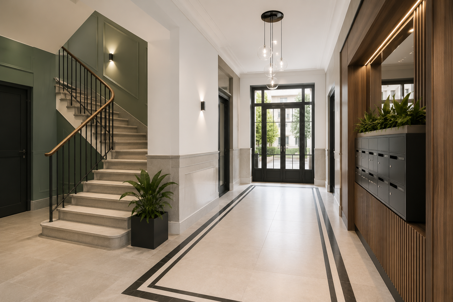 Rénovation des parties communes d’immeuble – hall d’entrée moderne Hall d’entrée d’immeuble rénové avec escalier, boîtes aux lettres, éclairage mural, plantes décoratives et finitions modernes.